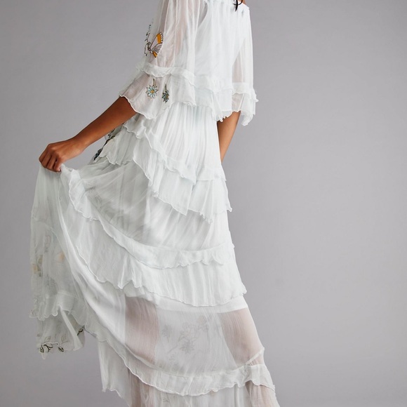 Free People Fillyboo Sweet Pea Tambourine Maxi Dress Off The Shoulder Gray Blue - Picture 2 of 6